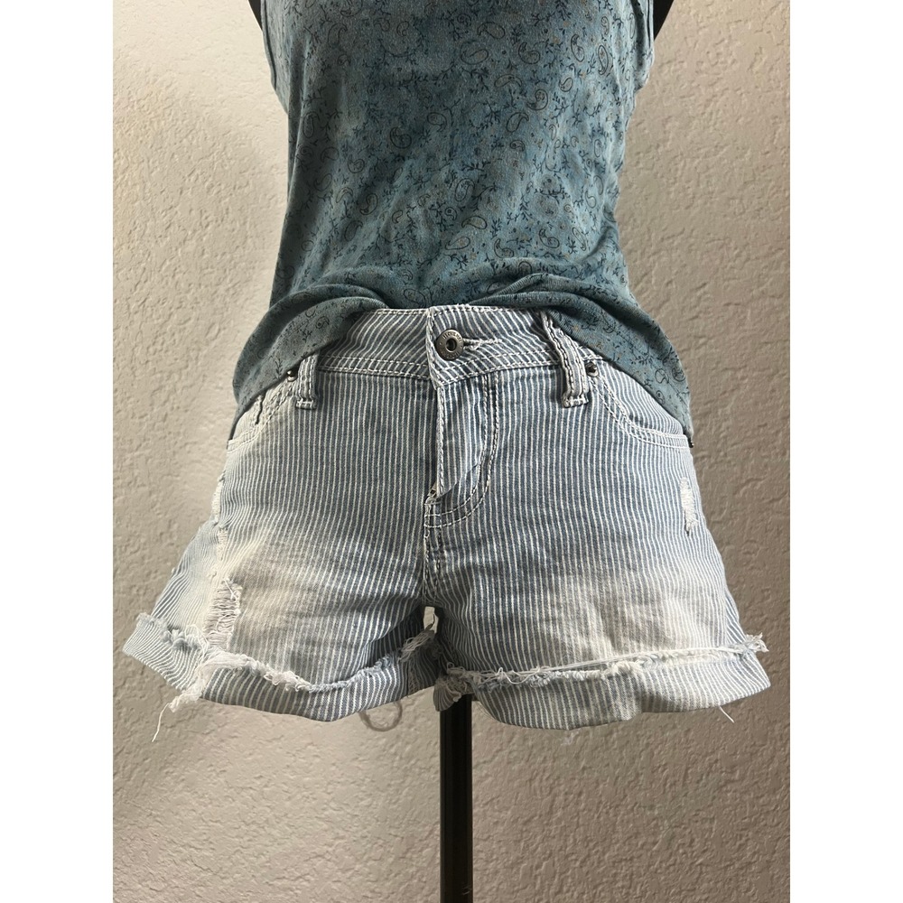 H.Eighty One Hickory Stripe Distressed Denim Shorts Blue White Size 26 Low Rise